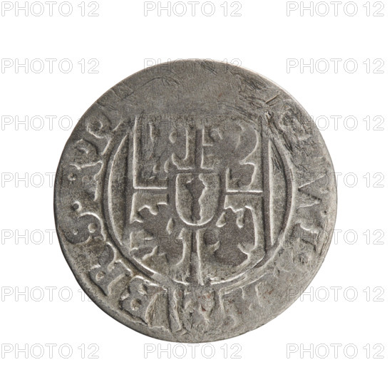 One-and-a-half, Pfahler, Ernest; George William Hohenzollern (Elector of Brandenburg; Duke of Prussia; 1620–1640). Coin (Königsberg, Ducal Prussia, 1525–1701). Obverse: Under the ducal mitre a five-field coat of arms; below in the shield the value numeral 3. In the rim between the borders an inscription separated by the mitre and the value numeral: - BR.SRI. Reverse: Royal orb with a cross whose arms terminate in finials; in the lower part of the orb the value numerals Z4; on the sides of the cross the date numerals Z-, . In the rim between the borders an inscription divided by a cross and a heart: .MONE.NO., C.PRVS., 162. Coin: diameter 19.3 mm; weight 1.06 g; axis 170°.