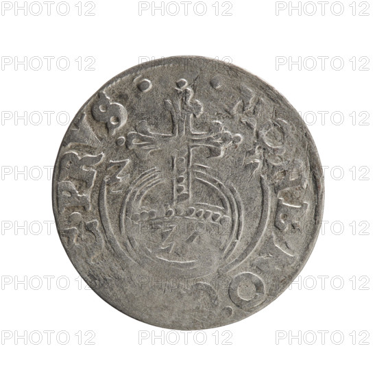 One-and-a-half coin attributed to Ernest Pfahler. Obverse: under the ducal mitre a five-field coat of arms; below in the shield the value numeral '3'; rim inscription between borders separated by the mitre and the value numeral '- BR.SRI'. Reverse: royal orb with a cross whose arms terminate in finials; lower part of the orb the value numerals 'Z4'; date numerals on the sides of the cross 'Z-,'; rim inscription divided by a cross and a heart 'MONE.NO., C.PRVS., 162'. Maker: George William, Elector of Brandenburg; Duke of Prussia (reigned 1620–1640). Place: Königsberg, Ducal Prussia (1525–1701). Coin, weight 1.06 g; diameter 19.3 mm; axis 170°.