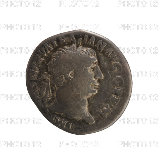 denarius, Trajan (53–117; Roman emperor 98–117); obverse: emperor's bust of Trajan in laurel wreath right, inscription IMP CAES NERVA TRAIAN AVG GERM; reverse: Victoria standing frontally holding a palm and a wreath, inscription PM TR P COS IIII PP; date ca. 101–102; Roman Empire (27 BC–476), Rome; coin; weight 3.05 g; axis 180 degrees.