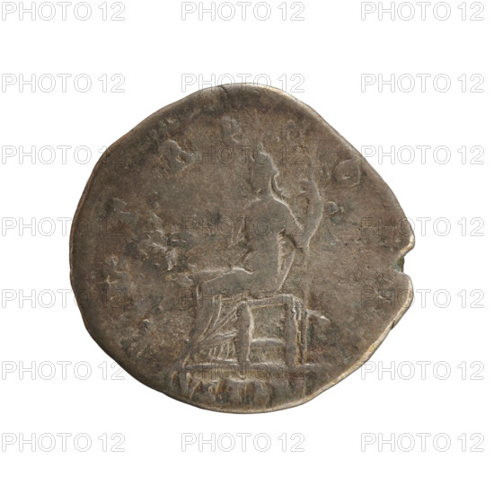 Denarius, Hadrian (76–138; Roman emperor 117–138). Obverse: bust of the emperor with a laurel wreath and drapery to the right, inscription 'IMP CAESAR TRAIAN HADRIANVS AVG'. Reverse: Iustitia seated on a throne turned left, holding a patera in her right hand and a sceptre in her left; inscription 'PM TR P COS II' and under the figure 'IVSTITIA.' 118 CE, Roman Empire; Rome. Coin, weight 3.05 g, axis 180°.