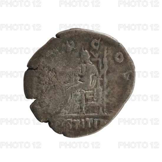 Denarius of Hadrian (76–138; Roman Emperor 117–138). Obverse: Bust of the emperor with a laurel wreath and drapery facing right; inscription IMP CAESAR ... RIANVS AVG. Reverse: Iustitia seated on a throne facing left, holding a patera in her right hand and a scepter in her left; inscription PM TR P COS and VSTITIA beneath. Roman, dated 118; weight 2.93 g; axis 180 degrees.