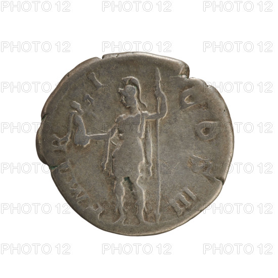 Denarius, Hadrian (76–138; Roman emperor 117–138). Obverse: head of the emperor with a laurel wreath right; inscription IMP CAESAR TRAIAN HADRIANVS AVG. Reverse: Roma in Amazon costume standing left holding Victoria in her right hand and a spear in her left; inscription PM TR P COS III. Iconography: busts, bust of the emperor, Hadrian — Roma (mythology) — Victoria (attribute). Date: 119–122. Roman Empire (27 BC–476). Coin; weight 3.14 g; axis 180°. Hoard find from Golub (numism).