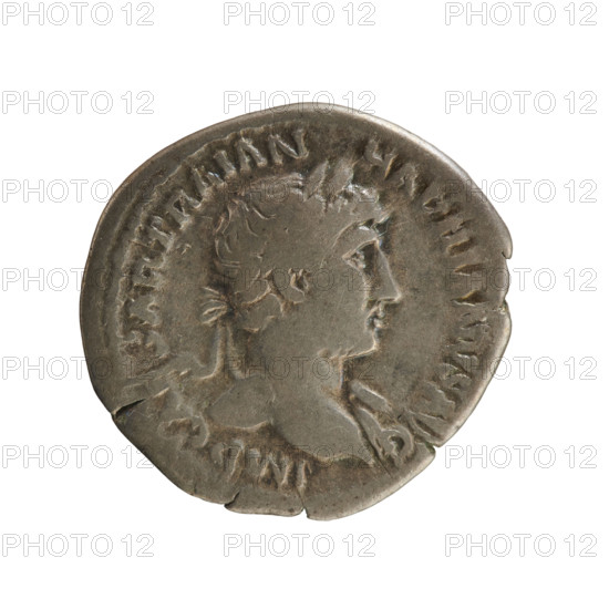 denarius, Hadrian (76–138; Roman Emperor 117–138), bust of the emperor; Hadrian — iconography: Aequitas (personification) with scales (attribute) and cornucopia (attribute); Obv. IMP CAESAR TRAIAN HADRIANVS AVG — Emperor's head with laurel wreath and drapery on the right shoulder, facing right; Rv. PM TR P COS III — Aequitas stands turned left, holding scales in right hand and a cornucopia in left; dated 119–122; Roman Empire (27 BC–476), Rome; coin; weight 2.61 g; axis 180 degrees