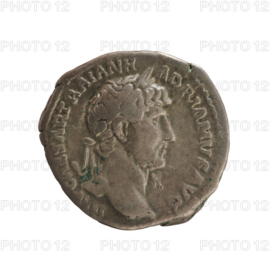 denarius, Hadrian (76–138; Roman emperor 117–138); obverse: head of the emperor with a laurel wreath, right, inscription IMP CAESAR TRAIAN H ADRIANVS AVG PM TR P COS III; reverse: Hilaritas standing, lifting a veil above her head, flanked by HI LAR P R; dated 119–122; Roman Empire (27 BC–476); Rome; coin; weight 3.14 g; axis 180 degrees.