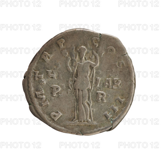 Denarius, Hadrian (76–138; Roman emperor 117–138). Obverse: Head of the emperor with a laurel wreath to the right, inscription IMP CAESAR TRAIAN H ADRIANVS AVG. Reverse: Hilaritas standing, lifting a veil above her head; on both sides of her HI LAR P R. Legend PM TR P COS III. Date c. 119–122. Roman Empire, Rome. Coin; weight 3.14 g; axis 180 degrees.