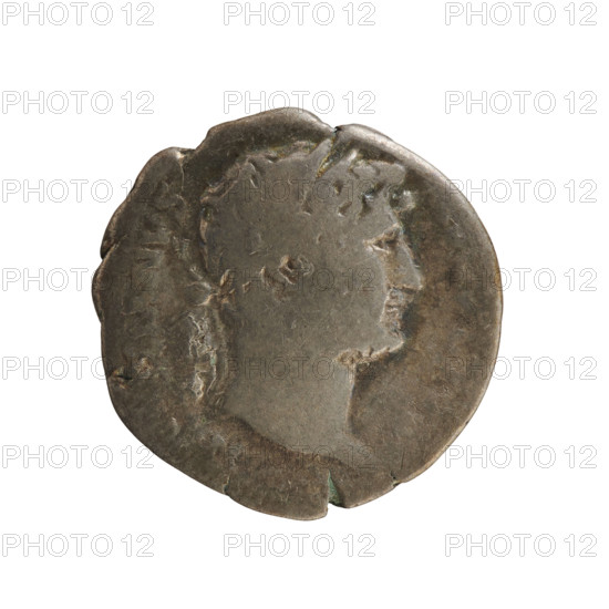 Denarius of Hadrian (reign 117–138), 125–128 CE. Obverse: Emperor's head with laurel wreath facing right, inscribed HADRIANVS AVGVSTVS. Reverse: The Genius stands facing left, holding a patera above an altar in his right hand and a cornucopia in his left, inscribed COS III. Silver coin (3.11 g), struck in Rome; axis 180°.
