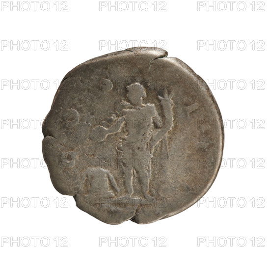 Denarius of Hadrian (76–138; Roman emperor 117–138), 125–128 CE. Obverse: Emperor's head with a laurel wreath facing right, inscribed HADRIANVS AVGVSTVS. Reverse: The Genius stands facing left, holding a patera above an altar in his right hand and a cornucopia in his left, inscribed COS III. Roman Empire (27 BC–476), Rome. Coin; silver; weight 3.11 g; axis 180°.