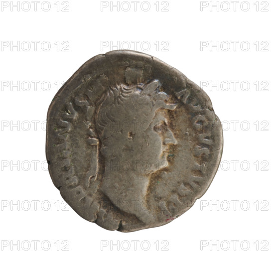 Denarius, Hadrian (76–138; Roman emperor 117–138). Obverse: Emperor's head in a laurel wreath facing right with inscription HADRIANVS AVGVSTVS. Reverse: Annona seated on a low chair turned left, holding a hook over a modius with ears of corn in her right hand and a cornucopia in her left, with inscription COS III. Attributes: cornucopia, modius. Iconography: imperial busts; Abundantia (Annona) with cornucopia. Date: 125–128. Roman Empire (27 BC–476). Coin; weight 3.08 g; axis 180°.
