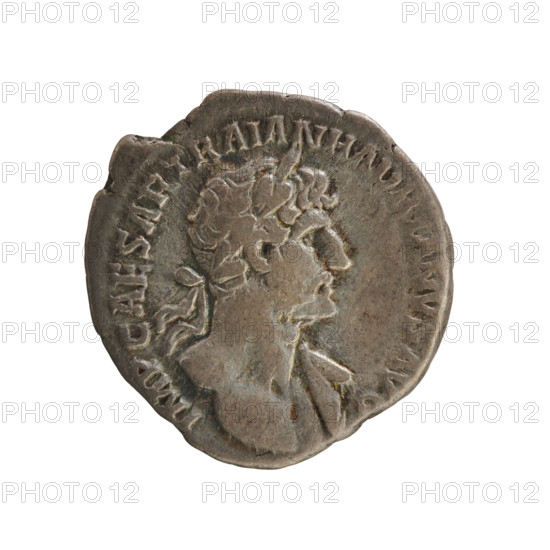 Denarius of Hadrian (76–138; Roman emperor 117–138), 119–122 CE. Obverse: Bust of the emperor with a laurel wreath and drapery on the left shoulder, facing left. Inscription: IMP CAESAR TRAIAN HADRIANVS AVG. Reverse: Felicitas standing facing left, holding a caduceus in her right hand and a cornucopia in her left; inscription FELIC AVG. Weight 3.14 g; axis 180°. Roman Empire (27 BC–476), Rome.