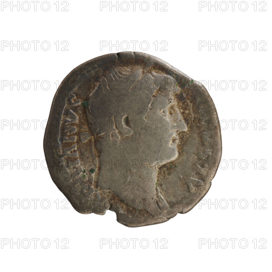 Denarius, Hadrian (76–138; Roman emperor 117–138). Obverse: emperor's head in a laurel wreath facing right, inscription 'ADRIANVS AVGVSTVS'. Reverse: Roma seated on armor and shield facing right, holding a spear in her left hand and a parazonium in her right; a sphere beneath the line. Date: 125–128. Roman Empire (27 BC–476). Rome. Coin; weight 2.87 g; axis 180°.