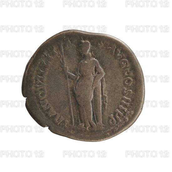 Denarius of Hadrian (76–138; Roman emperor 117–138), 132–134 CE. Obverse: bust of the emperor in drapery, right. Reverse: Tranquillitas standing left, holding a scepter in her right hand and leaning her left hand against a column; inscription TRANQVILLITAS AVG COS III PP. Iconography: Tranquillitas personification, sceptre attribute, imperial bust. Roman Empire (27 BC–476), Rome. Coin; weight 3.28 g; axis 180°.