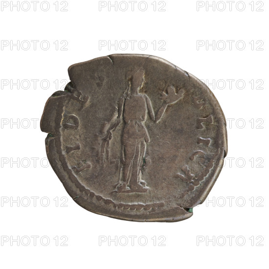 Denarius, Hadrian (76–138; Roman Emperor 117–138). Obverse: Emperor's head with a laurel wreath facing right, inscribed 'HADRIANVS AVG COS III PP'. Reverse: Fides (Fidelity) standing turned right, hands holding ears of corn, left hand holding a basket with fruit. Imperial busts; iconography of Fides, ears of corn and basket as attributes. Hoard find (Golub). Date: 134–138. Roman Empire (27 BC–476). Rome. Coin, weight 3.04 g, axis 180°.