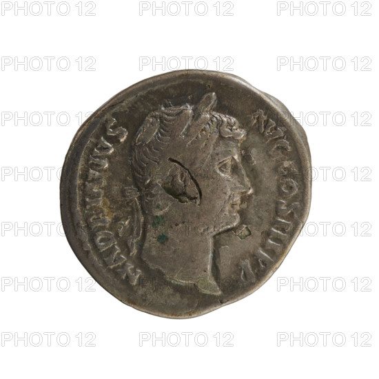 Denarius, Hadrian (76–138; Roman emperor 117–138). Obverse: Emperor's head with laurel wreath to right, legend 'HADRIANVS AVG COS III PP'. Reverse: Salus standing left before an altar, holding a patera above the altar in her right hand and a scepter in her left, legend 'SALV SAVG'. Attributes: patera, scepter. Iconography: Salus (personification), imperial bust. Date: 134–138 CE. Roman Empire. Rome. Coin. Weight 2.94 g. Axis 180°.