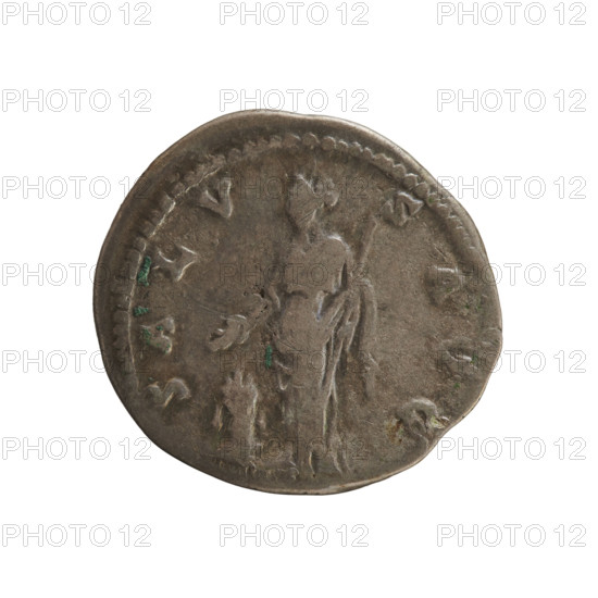 Denarius, Hadrian (76–138; Roman emperor 117–138). Obverse: Emperor's head with a laurel wreath to the right, inscription 'HADRIANVS AVG COS III PP'. Reverse: Salus standing left before an altar, holding a patera above the altar in her right hand and a sceptre in her left, inscription 'SALV SAVG'. Attributes: patera, sceptre. Iconography: imperial busts; Salus (personification) standing before the altar. Date: 134–138. Culture/place: Roman Empire, Rome. Medium: coin; weight 2.94 g; axis 180 degrees.