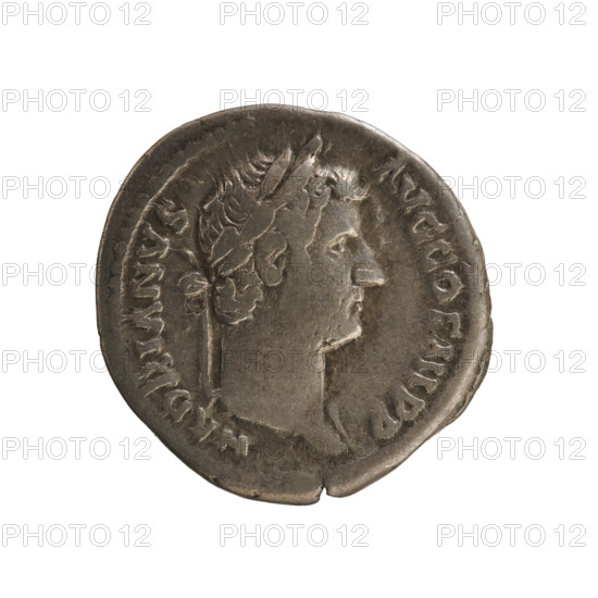 denarius, Hadrian (76–138; Roman emperor 117–138); obverse: HADRIANVS AVG COS III PP — emperor's head with a laurel wreath facing right; reverse: TELLVS STABIL — Tellus standing turned left, holding a plough and a rake, two ears of corn in left field; iconography: Tellus, plough (attribute), ears of corn; imperial bust; treasure (numism); date: 134–138; Roman Empire (27 BC–476); Rome; coin; weight 3.29 g; axis 180 degrees