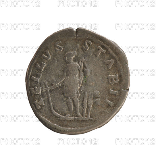 denarius, Hadrian (76–138; Roman emperor 117–138); obverse: HADRIANVS AVG COS III PP — emperor's head with a laurel wreath facing right; reverse: TELLVS STABIL — Tellus standing turned left, holding a plough in one hand and a rake in the other; two ears of corn in the left field; iconography includes Tellus (mythology), plough (attribute), ears of corn; imperial bust; denarius, 134–138, Roman Empire (27 BC–476), Rome; coin; weight 3.29 g; axis 180 degrees