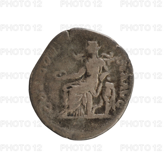Denarius, Sabina (85–137), empress; Hadrian (76–138), emperor. Obverse: draped bust of the empress right, legend (poorly legible) 'SABINA AVGVSTA HADRIANI AVG PP'. Reverse: Concordia seated left, holding a patera in her right hand and resting her left on a statuette of Spes; cornucopia beneath the throne. Date: 132–134 CE. Roman Empire, Rome. Coin, silver, weight 3.15 g, axis 180°.