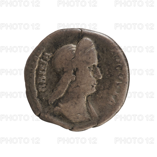 Denarius; obverse: draped bust of Empress Sabina (born 83, died 137; Augusta) right, inscription ADV. SABINA AVGVSTA. Reverse: Concordia standing left, holding a patera in her right hand and a cornucopia in her left, leaning on a column, inscription CONCORDIA AVG. Minted 128–134 CE, Roman Empire; Rome. Coin, weight 2.63 g, axis 180°.