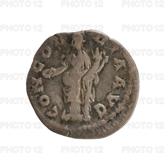 Denarius; Sabina (85–137), Roman empress; Hadrian (76–138), Roman emperor. Obverse: draped bust of the empress right, inscription 'SABINA AVGVSTA'. Reverse: Concordia standing turned left, right hand holding a patera, left hand leaning on a column and holding a cornucopia, inscription 'CONCORDIA AVG'. Date: 128–134. Roman Empire, Rome. Coin; weight 2.63 g; axis 180°.