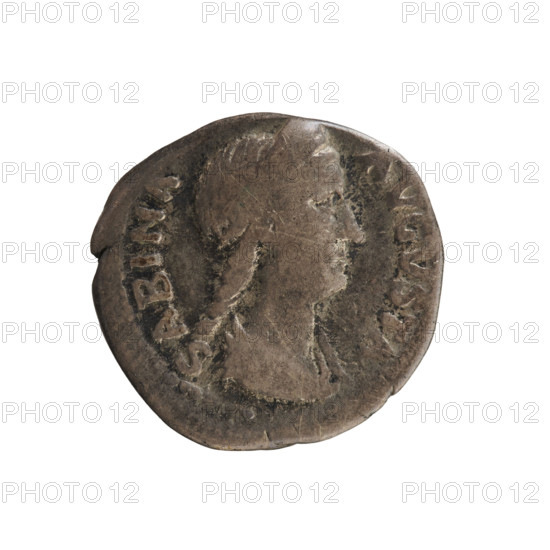 Denarius, 128–134 CE, Rome. Obverse: Draped bust of Empress Sabina (right), inscribed 'SABINA AVGVSTA'. Reverse: Venus Genetrix standing right holding an apple, inscribed 'VENERI GENETRICI'. Silver coin (3.12 g), axis 180°. Subjects: Sabina, Hadrian (associated), Venus; imperial bust; apples (attribute); numismatic treasure; iconography.