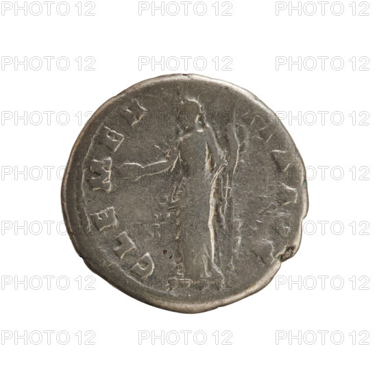 Denarius, Antoninus Pius (86–161; Roman emperor 138–161). Obverse: ANTONINVS AVG PIVS PP TR P COS III — emperor's head right, laurel wreath. Reverse: CLEMENTIA AVG — Clementia standing left, holding a patera in her right hand and a scepter in her left. Roman coin, 140–143 CE. Weight 3.10 g, axis 180°.