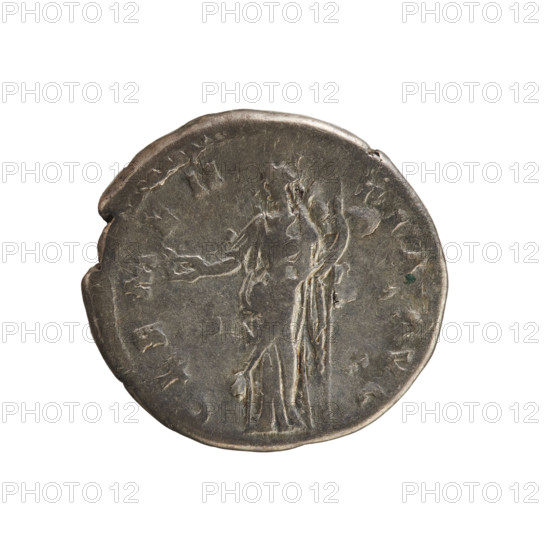 denarius, Antoninus Pius (86–161; Roman emperor 138–161), imperial busts, iconography of Antoninus Pius, Clementia (personification), patera (attribute), scepter (attribute). Obv. ANTONINVS AVG PIVS PP TR P COS III — Emperor's head right, laurel wreath. Rev. CLEMEN TIA AVG — Clementia stands facing left, holding a patera in her right hand and a scepter in her left. 140–143, Roman Empire (27 BC–476), Rome; coin; weight 3.23 g; axis 180°.