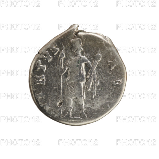 Denarius, Antoninus Pius (86–161; Roman emperor 138–161). Obverse: bust of Antoninus Pius right, laurel wreath, inscription ANTONINVS AVG PIVS PP COS III. Reverse: Virtus facing left holding a spear in his right hand and a parazonium in his left, inscription VIRTVS AVG. Roman Empire, Rome, 140–143. Coin; silver; weight 3.17 g; axis 180°.