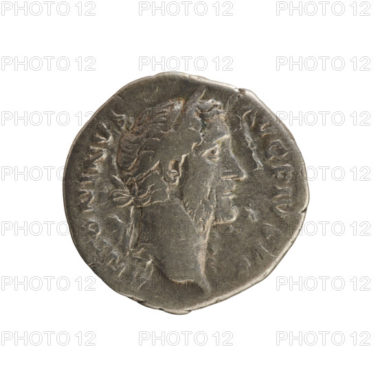 Denarius, Antoninus Pius (86–161; Roman Emperor 138–161). Obverse: Emperor's head right in a laurel wreath with inscription 'ANTONINVS AVG PIVS PP'. Reverse: Hands clasped on a caduceus and two ears of corn with inscription 'C O S I I I I'. Silver coin, weight 3.08 g, axis 180°, dated 145–161, Roman Empire (27 BC–476), Rome.
