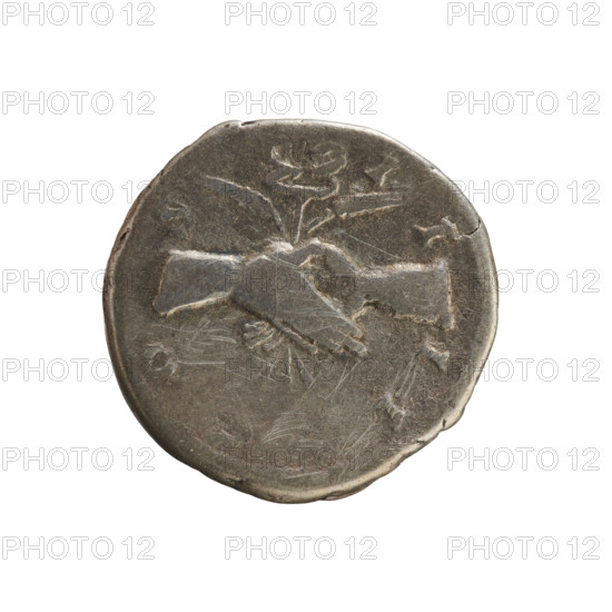 Denarius of Antoninus Pius (86–161; Roman Emperor 138–161). Obverse: Emperor's head right in a laurel wreath with inscription 'ANTONINVS AVG PIVS PP'. Reverse: Hands clasped on a caduceus and two ears of corn with inscription 'COS I I I I'. Silver coin, weight 3.08 g, axis 180°, dated 145–161, Roman Empire (Rome).