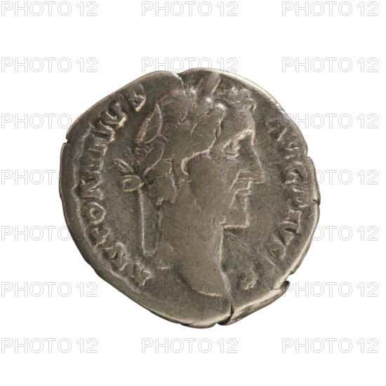 denarius of Antoninus Pius (86–161; Roman Emperor 138–161). Obverse: Emperor's head right in a laurel wreath; inscription ANTONINVS AVG PIVS PP. Reverse: hands clasped on a caduceus and two ears of corn; inscription C O S I I I I. Roman Empire, 145–161. Coin, weight 3.31 g, axis 135°.