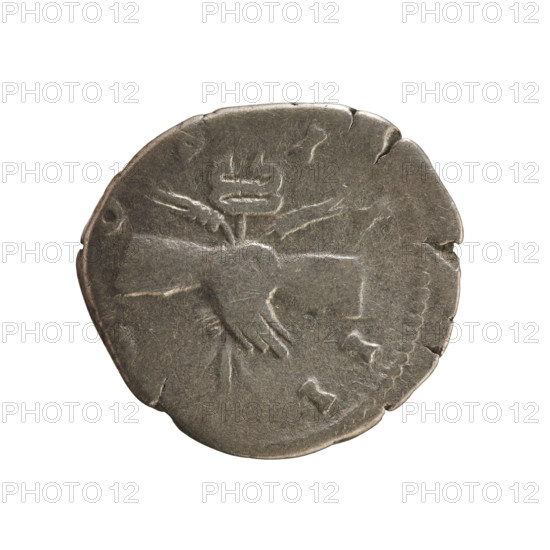 Denarius, Antoninus Pius (86–161; Roman Emperor 138–161). Obverse: Emperor's head right in a laurel wreath with inscription 'ANTONINVS AVG PIVS PP'. Reverse: Hands clasped on a caduceus and two ears of corn with inscription 'C O S I I I I'. Roman Empire, 145–161. Silver coin, weight 3.31 g, axis 135°.