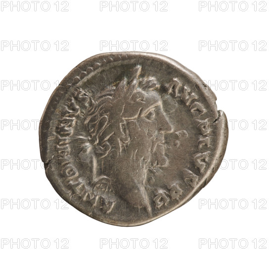 Denarius of Antoninus Pius (86–161; Roman emperor 138–161). Obverse: emperor's laureate head right with inscription 'ANTONINVS AVG PIVS PP'. Reverse: clasped hands on a caduceus flanked by two ears of corn with inscription 'C O S I I I I'. Iconography: hands joined on a caduceus and ears of corn; imperial bust. Date: 145–161. Place: Rome, Roman Empire. Coin; weight 3.16 g; axis 180°.