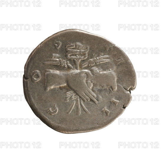 Denarius of Antoninus Pius (86–161; Roman emperor 138–161). Obverse: Emperor's head in a laurel wreath facing right with inscription 'ANTONINVS AVG PIVS PP'. Reverse: Clasped hands on a caduceus and two ears of corn with inscription 'C O S I I I I'. Iconography: hands joined on a caduceus and ears of corn; imperial bust. Date: 145–161. Place: Rome, Roman Empire. Medium/format: coin (denarius). Weight: 3.16 g. Axis: 180°.