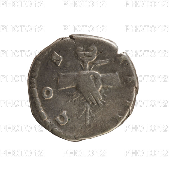 Denarius of Antoninus Pius (86–161; Roman emperor 138–161). Obverse: Emperor's head in a laurel wreath facing right with inscription 'ANTONINVS AVG PIVS PP'. Reverse: Clasped hands on a caduceus flanked by two ears of corn with inscription 'C O S I I I I'. Iconography: hands joined on a caduceus and ears of corn; imperial bust. Date: 145–161 CE. Roman Empire (27 BCE–476 CE), Rome. Coin; diameter 17.5 mm, weight 3.20 g.