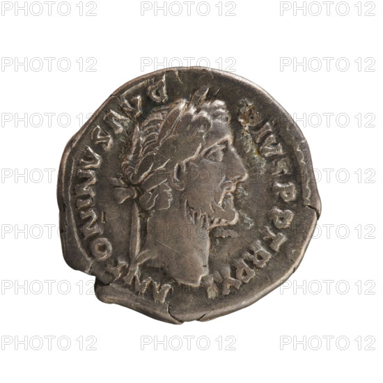 Denarius of Antoninus Pius (86–161; Roman emperor 138–161). Obverse: Emperor's head laureate right; legend ANTONINVS AVG IVS PP TR P XI. Reverse: Annona standing left holding ears of corn in right hand over a modius; legend COS IIII. Iconography: imperial bust; Annona (personification) with modius and ears of corn. Date: 147–148. Roman Empire, Rome. Coin; weight 3.39 g; axis 180°.