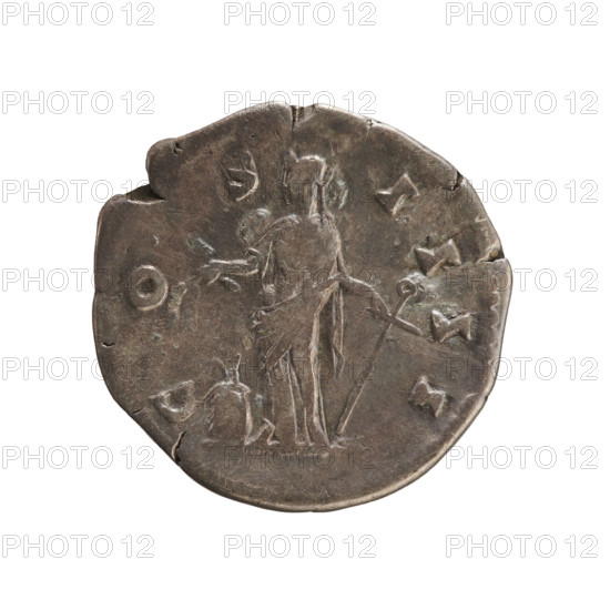 Denarius of Antoninus Pius (86–161; Roman emperor 138–161). Obverse: Emperor's head in a laurel wreath right; legend 'ANTONINVS AVG IVS PP TR P XI'; pearl border. Reverse: Annona standing facing left, holding ears of corn in her right hand over a modius; legend 'COS IIII'; pearl border. Iconography: busts, imperial attributes, Annona (personification), modius, ears of corn. Date: 147–148 CE. Roman Empire (27 BC–476), Rome. Coin; weight 3.39 g; axis 180°.