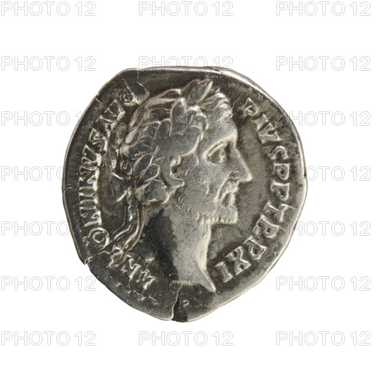 Denarius, Antoninus Pius (86–161; Roman emperor 138–161). Obverse: ANTONINVS AVG PIVS PP TR P XI — emperor's head in a laurel wreath facing right. Pearl border. Reverse: COS IIII — Annona stands facing left, holding ears of corn above a modius in her right hand and an anchor in her left. Pearl border. Roman, 147–148 CE. Silver coin, weight 3.37 g.