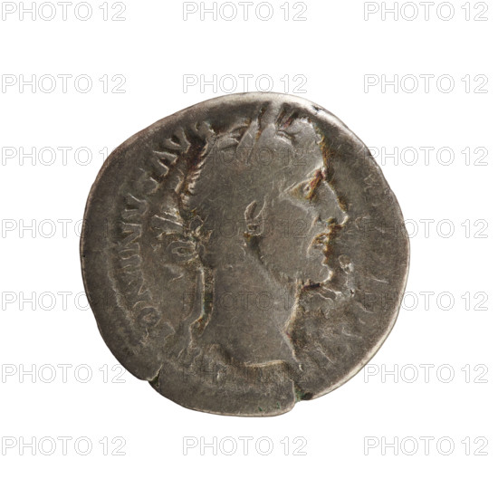 Denarius of Antoninus Pius (86–161; Roman emperor 138–161). Obverse: Emperor's head with laurel wreath facing right; inscription 'ANTONINVS AVG'; pearl border. Reverse: Annona standing left, holding ears of corn above a modius in her right hand and an anchor in her left; inscription 'COS IIII'; pearl border. Iconography: busts, Annona personification, ears of corn, modius, anchor. Hoard find (Golub) and treasures (numismatic context). Date: 147–148. Roman Empire (27 BC–476), Rome. Coin; weight 2.93 g; axis 180°.