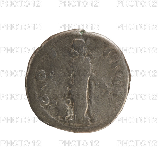 Denarius of Antoninus Pius (86–161; Roman emperor 138–161). Obverse: Emperor's head laureate, right. Inscription: ANTONINVS AVG. Pearl border. Reverse: Annona standing left, holding ears of corn above a modius in her right hand and an anchor in her left. Inscription: COS IIII. Attributes: ears of corn, modius, anchor. Iconography: busts, imperial personification. Date: 147–148. Roman Empire, Rome. Coin; weight 2.93 g; axis 180°.