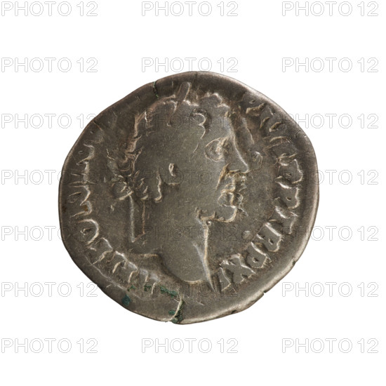denarius, Antoninus Pius (86–161; Roman emperor 138–161). Iconography: Salus standing before an altar feeding a snake. Imperial busts; attributes: rudder, patera. Obv. ANTONINV PIVS PP TR P XI — emperor's head in a laurel wreath right, pearly border. Rv. COS IIII — Salus stands facing left, right hand holds a patera above an altar with a coiled snake, left holds a rudder on a sphere, pearl border. Date: 147–148. Roman Empire (27 BC–476). Rome. Coin, weight 2.86 g.