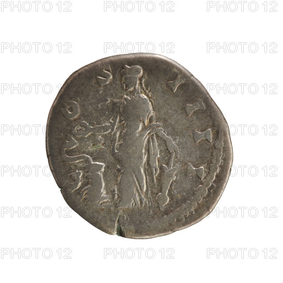 Denarius of Antoninus Pius (reign 138–161 CE). Obverse: Emperor's laureate bust right; legend ANTONINV PIVS PP TR P XI. Reverse: Salus standing facing left, holding a patera above an altar around which a snake is coiled, and a rudder on a globe in her left hand; legend COS IIII. Pearled border on both sides. Silver coin, weight 2.86 g; dated c. 147–148 CE; Roman Empire (Rome).