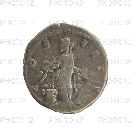 Denarius of Antoninus Pius (86–161; Roman emperor 138–161). Obverse: Emperor's head in a laurel wreath facing right; legend ANTONINVS AVG PIVS PP TR P XII; pearl border. Reverse: Annona standing left, holding ears of corn above a modius in her right hand and an anchor in her left; legend C O S I I I; pearl border. Roman Empire, 148–149. Silver coin, weight 3.10 g, axis 180°.