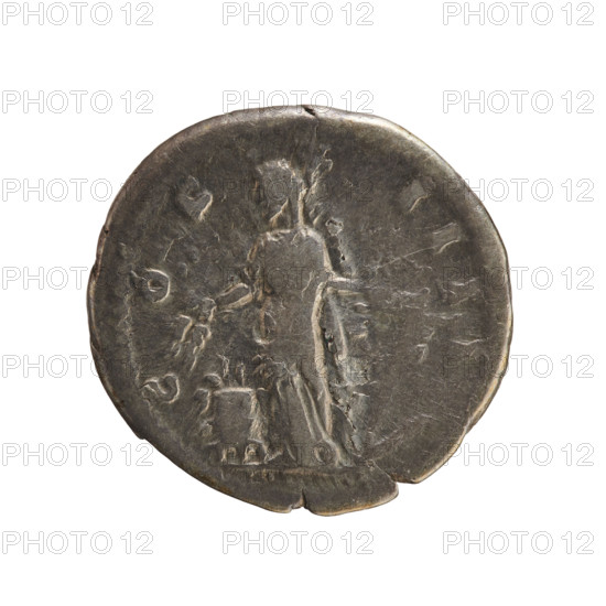 Denarius, Antoninus Pius (86–161; Roman Emperor 138–161). Obverse: ANTONINVS AVG PIVS PP TR P XII — Emperor's head in a laurel wreath facing right. Pearl border. Reverse: C O S I I I — Annona stands turned left, holding ears of corn above a modius in her right hand and an anchor in her left. Pearl border. Date: 148–149. Roman Empire (27 BC–476). Rome. Coin; weight 3.15 g; axis 180°.
