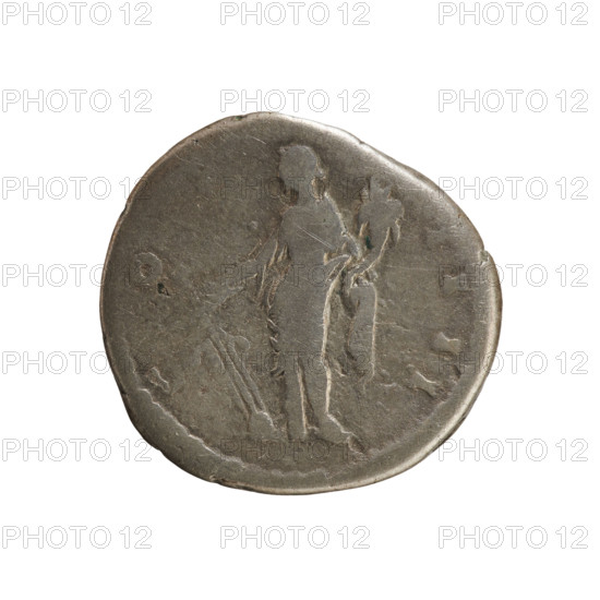 Denarius of Antoninus Pius (86–161; Roman emperor 138–161). Obverse: Emperor's head in a laurel wreath facing right; pearl border; inscription 'ANTONINVS AVG PIVS PP TR P XII'. Reverse: Fortuna standing facing left, holding a rudder on a sphere in her right hand and a cornucopia in her left; pearl border. Imperial busts; iconography includes cornucopia (attribute), Fortuna (personification), rudder (attribute). Coin, Roman Empire (27 BC–476), Rome; weight 3.23 g; axis 180°; date c. 148–149.
