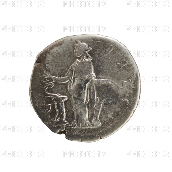 Denarius, Antoninus Pius (86–161; Roman emperor 138–161). Roman silver coin (denarius), c. 148–149. Obverse: laureate bust of the emperor right; legend ANTONIN S AVG PI V S PP TR P XII (abbreviated). Reverse: Salus standing left, holding a patera in her right hand feeding a snake coiled around an altar, and a rudder on a globe in her left; legend COS IIII. Axis 180°. Weight 3.47 g. Roman Empire, Rome.