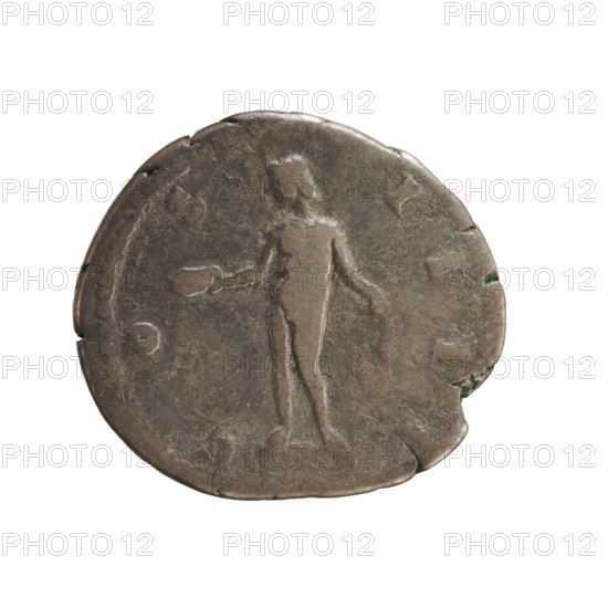 Denarius of Antoninus Pius (86–161; Roman emperor 138–161). Obverse: ANTONINVS AVG PIVS PP TR P XII — emperor's head in a laurel wreath right. Pearl border. Reverse: C O S I I I I — naked genius (Bonus Eventus) stands turned left, holding a patera in his right hand and ears of corn in his left. Pearl border. Date: 148–149. Roman Empire (27 BC–476), Rome. Coin; weight 3.34 g; axis 180°.