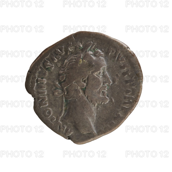 denarius, Antoninus Pius (86–161; Roman emperor 138–161) — iconography: genius (mythology), busts, imperial busts; attributes: patera, ears of corn; Obv. ANTONIN, S AVG PIVS PP TR P XIII — emperor's head in a laurel wreath right, pearl border; Rv. C O S I I I — naked genius (Bonus Eventus) stands turned left, holding a patera in his right hand and ears of corn in his left, pearl border; dated 149–150 CE, Roman Empire (27 BC–476), Rome; coin; weight 2.93 g; axis 180 degrees.