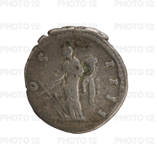 Denarius of Antoninus Pius (86–161; Roman emperor 138–161). Obverse: Emperor's head in a laurel wreath facing right; legend ANTONINVS AVG PIVS PP TR P XIII; pearl border. Reverse: Fortuna standing facing left, holding a rudder in her right hand and a cornucopia in her left; legend COS IIII; pearl border. Silver coin, weight 3.11 g, axis 180°. Date c. 149–150, Roman Empire (27 BC–476). Icons: imperial bust, Fortuna with rudder and cornucopia.