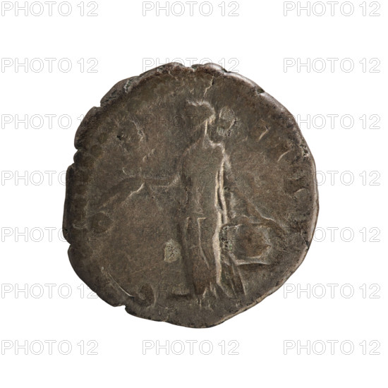 Denarius of Antoninus Pius (86–161; Roman emperor 138–161). Obverse: Emperor's head in a laurel wreath facing right; inscription 'ANTONINVS AVG PIVS PP TR P XV'. Reverse: Annona standing facing left, holding ears of corn in her right hand and resting her left hand on a modius standing on a ship (half visible); inscription 'C O S IIII'. Iconography: busts, imperial busts; attributes: ears of corn, modius; Annona (personification). Date: 151–152. Roman Empire (27 BC–476), Rome. Coin; weight 2.81 g; axis 180°.