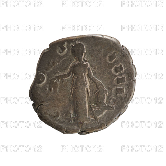 denarius, Antoninus Pius (86–161; Roman emperor 138–161) — iconography: busts; Annona (personification) with ears of corn (attribute) and modius (attribute). Obv. ANTONINVS, head of emperor in laurel wreath facing right. Rv. C O S IIII, Annona stands facing left, holding ears of corn in her right hand and resting her left hand on a modius standing on a ship (half visible). Date: 151–152. Roman Empire (27 BC–476). Rome. Coin. Weight: 2.79 g.